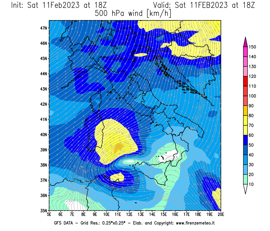 Mappa di analisi GFS - Velocità del vento a 500 hPa [km/h] in Italia
							del 11/02/2023 18 <!--googleoff: index-->UTC<!--googleon: index-->
