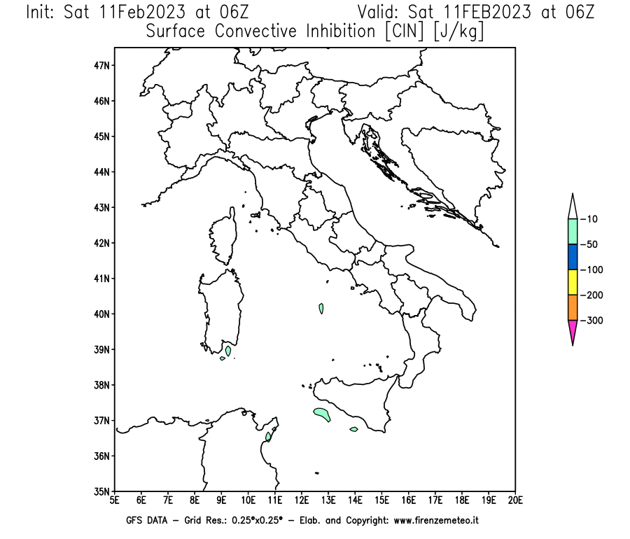Mappa di analisi GFS - CIN [J/kg] in Italia
							del 11/02/2023 06 <!--googleoff: index-->UTC<!--googleon: index-->