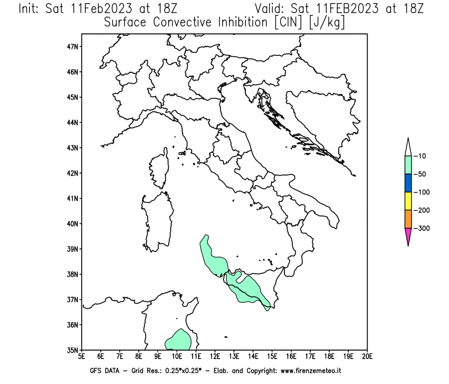Mappa di analisi GFS - CIN [J/kg] in Italia
							del 11/02/2023 18 <!--googleoff: index-->UTC<!--googleon: index-->