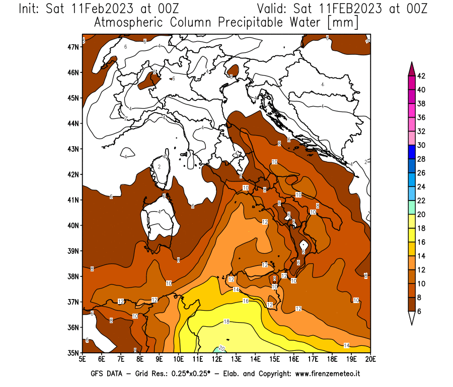 Mappa di analisi GFS - Precipitable Water [mm] in Italia
							del 11/02/2023 00 <!--googleoff: index-->UTC<!--googleon: index-->