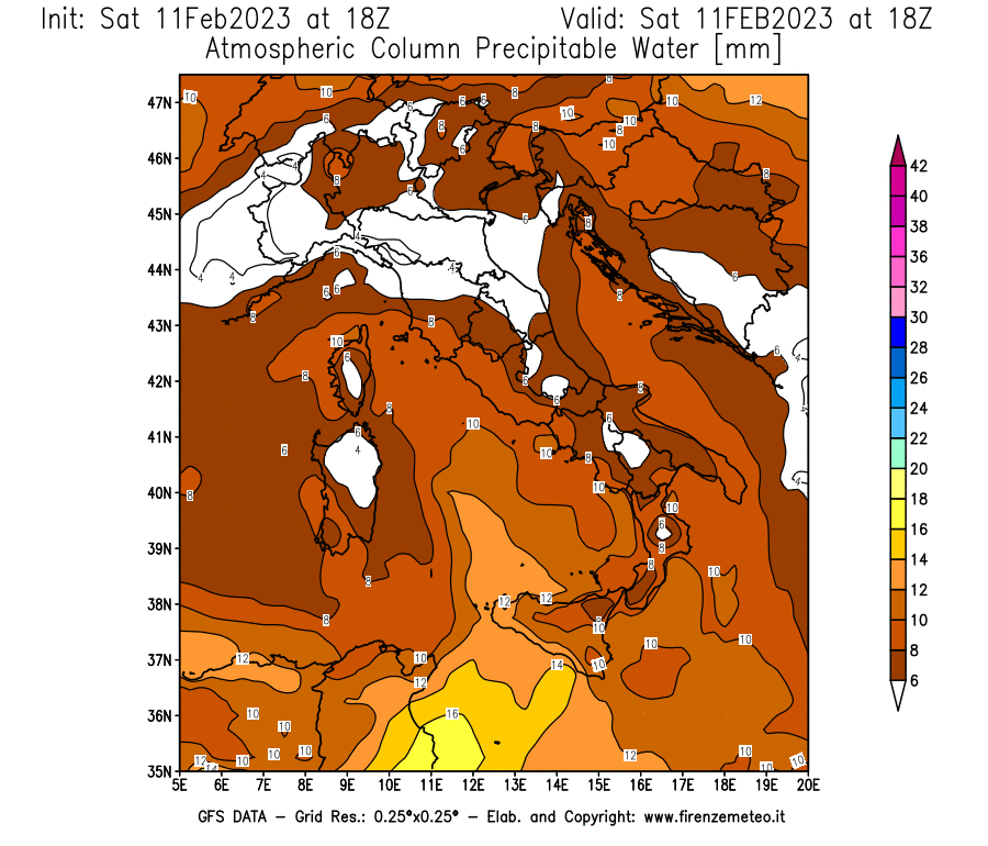 Mappa di analisi GFS - Precipitable Water [mm] in Italia
							del 11/02/2023 18 <!--googleoff: index-->UTC<!--googleon: index-->