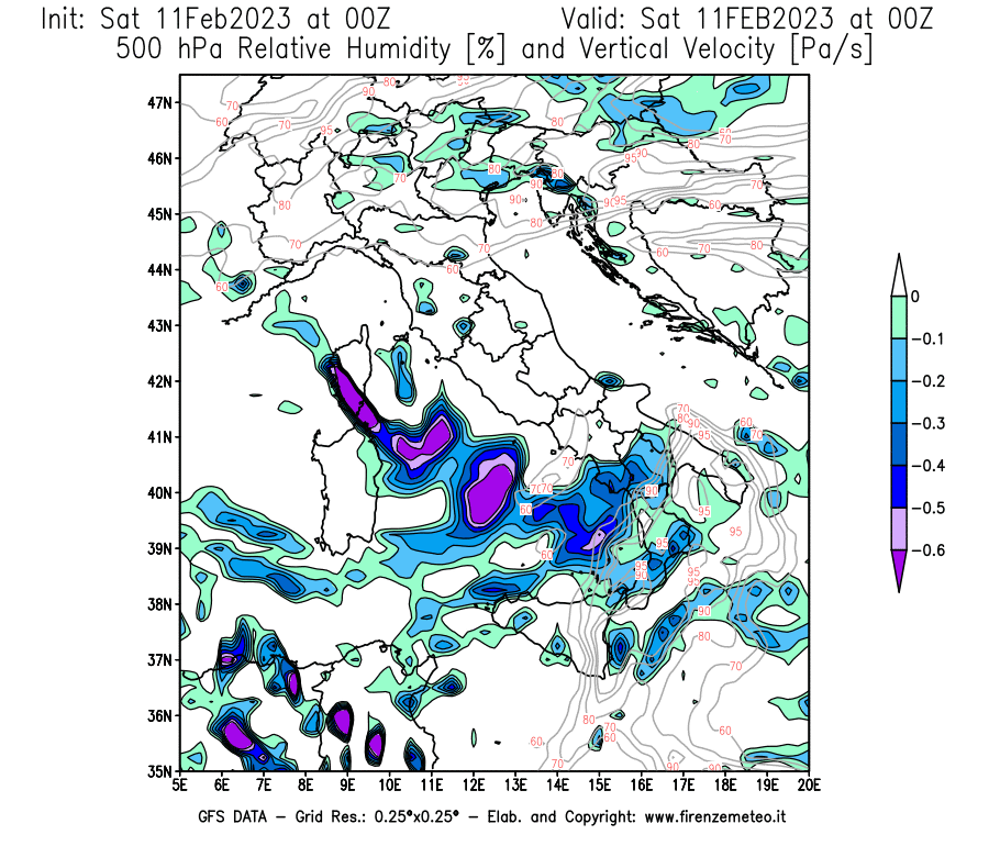 Mappa di analisi GFS - Umidità relativa [%] e Omega [Pa/s] a 500 hPa in Italia
							del 11/02/2023 00 <!--googleoff: index-->UTC<!--googleon: index-->