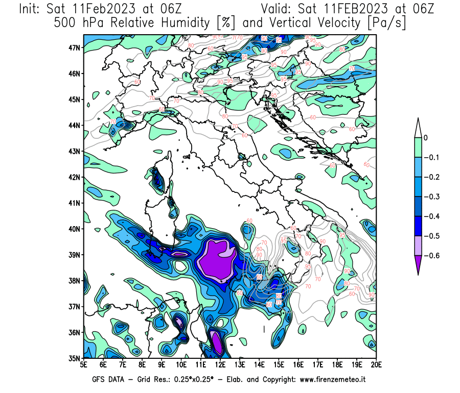 Mappa di analisi GFS - Umidità relativa [%] e Omega [Pa/s] a 500 hPa in Italia
							del 11/02/2023 06 <!--googleoff: index-->UTC<!--googleon: index-->