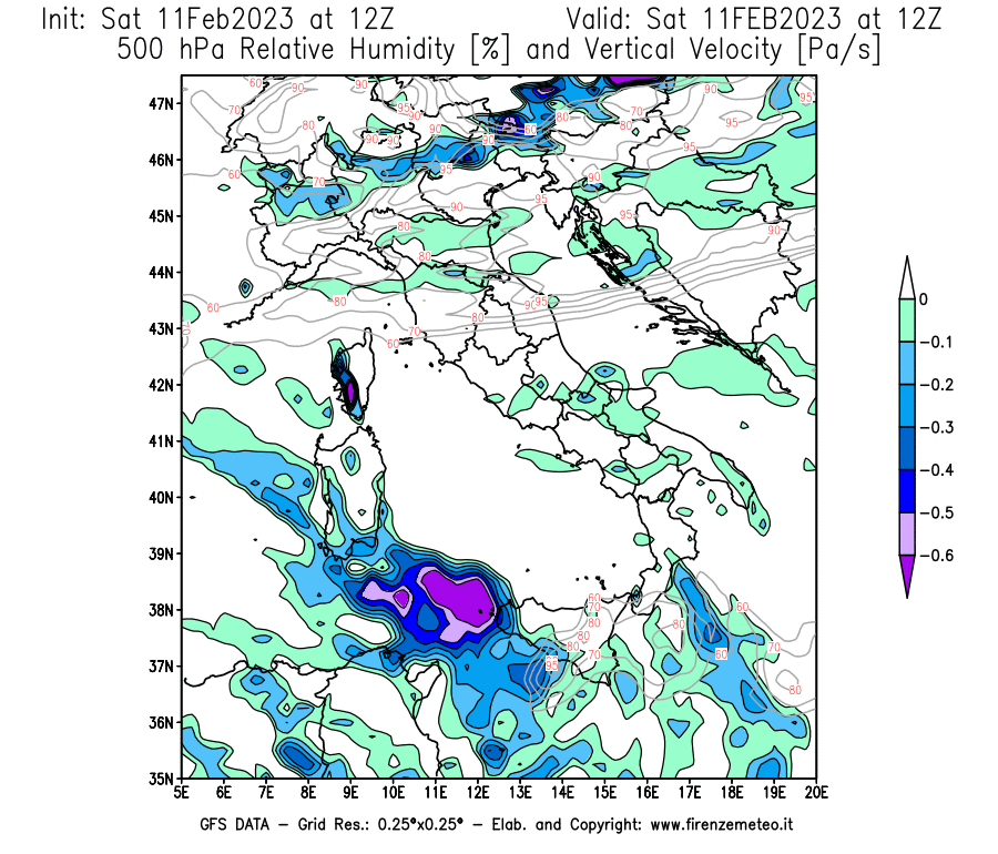 Mappa di analisi GFS - Umidità relativa [%] e Omega [Pa/s] a 500 hPa in Italia
							del 11/02/2023 12 <!--googleoff: index-->UTC<!--googleon: index-->