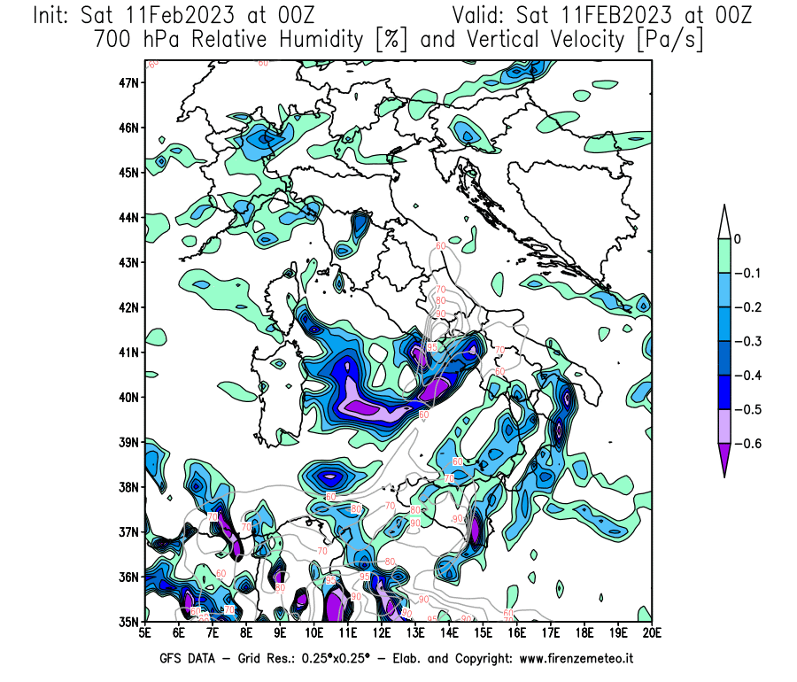 Mappa di analisi GFS - Umidità relativa [%] e Omega [Pa/s] a 700 hPa in Italia
							del 11/02/2023 00 <!--googleoff: index-->UTC<!--googleon: index-->