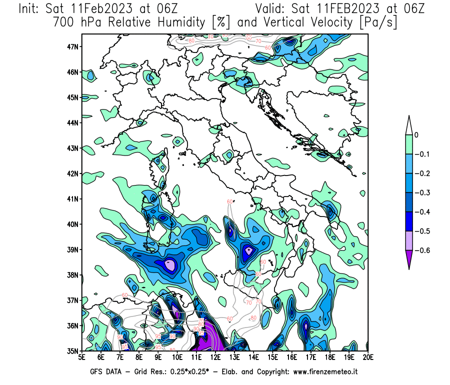Mappa di analisi GFS - Umidità relativa [%] e Omega [Pa/s] a 700 hPa in Italia
							del 11/02/2023 06 <!--googleoff: index-->UTC<!--googleon: index-->