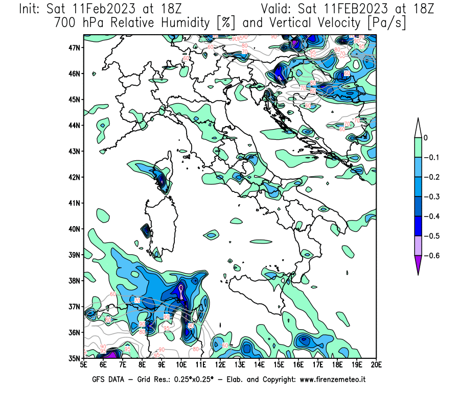 Mappa di analisi GFS - Umidità relativa [%] e Omega [Pa/s] a 700 hPa in Italia
							del 11/02/2023 18 <!--googleoff: index-->UTC<!--googleon: index-->