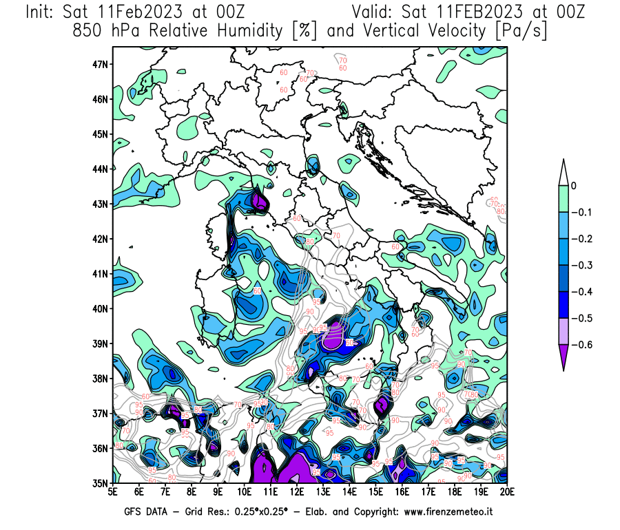 Mappa di analisi GFS - Umidità relativa [%] e Omega [Pa/s] a 850 hPa in Italia
							del 11/02/2023 00 <!--googleoff: index-->UTC<!--googleon: index-->