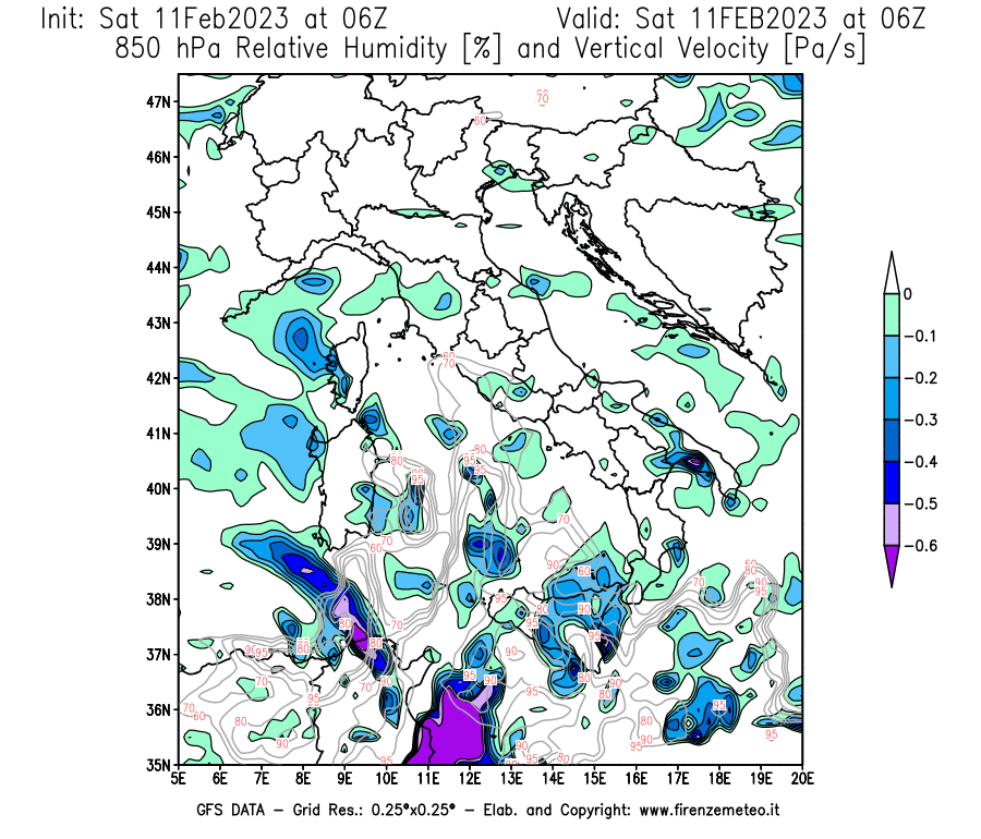 Mappa di analisi GFS - Umidità relativa [%] e Omega [Pa/s] a 850 hPa in Italia
							del 11/02/2023 06 <!--googleoff: index-->UTC<!--googleon: index-->
