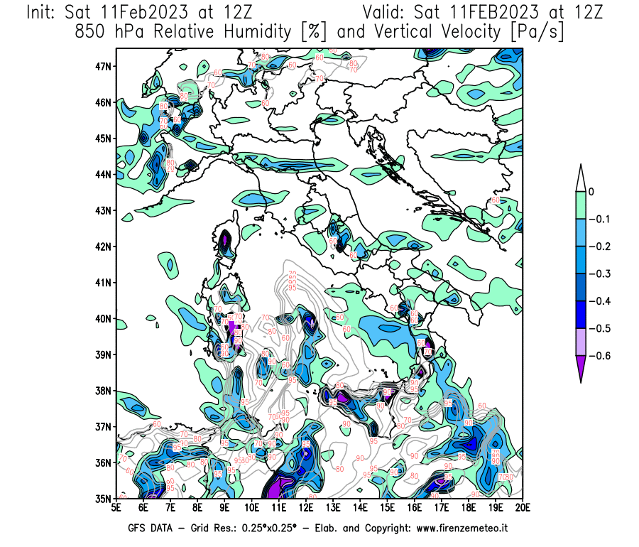Mappa di analisi GFS - Umidità relativa [%] e Omega [Pa/s] a 850 hPa in Italia
							del 11/02/2023 12 <!--googleoff: index-->UTC<!--googleon: index-->