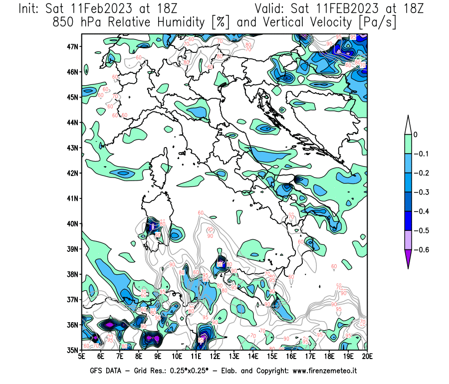Mappa di analisi GFS - Umidità relativa [%] e Omega [Pa/s] a 850 hPa in Italia
							del 11/02/2023 18 <!--googleoff: index-->UTC<!--googleon: index-->