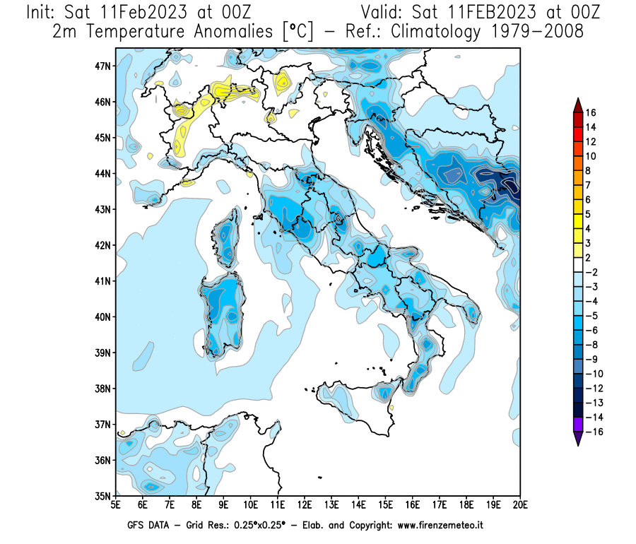 Mappa di analisi GFS - Anomalia Temperatura [°C] a 2 m in Italia
							del 11/02/2023 00 <!--googleoff: index-->UTC<!--googleon: index-->