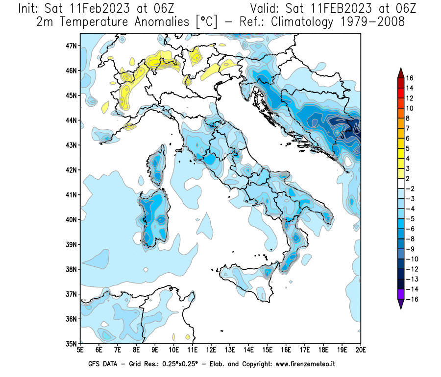 Mappa di analisi GFS - Anomalia Temperatura [°C] a 2 m in Italia
							del 11/02/2023 06 <!--googleoff: index-->UTC<!--googleon: index-->