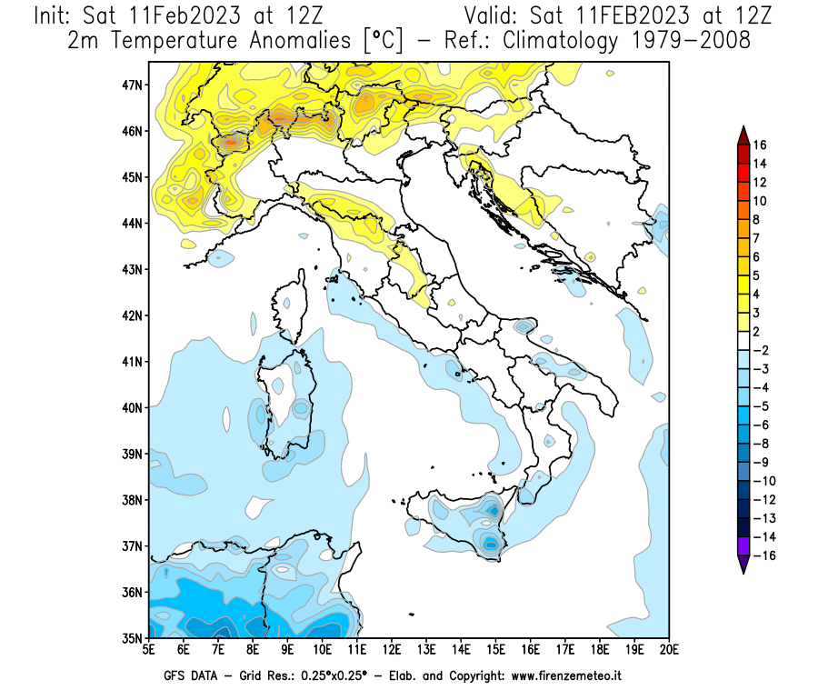 Mappa di analisi GFS - Anomalia Temperatura [°C] a 2 m in Italia
							del 11/02/2023 12 <!--googleoff: index-->UTC<!--googleon: index-->