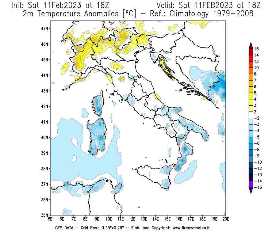 Mappa di analisi GFS - Anomalia Temperatura [°C] a 2 m in Italia
							del 11/02/2023 18 <!--googleoff: index-->UTC<!--googleon: index-->