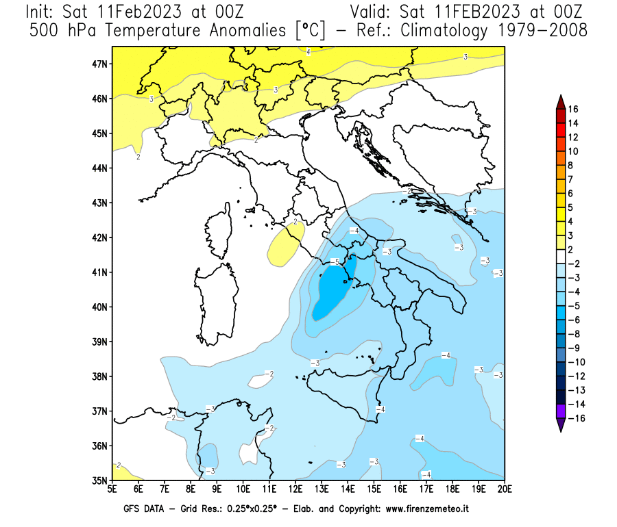 Mappa di analisi GFS - Anomalia Temperatura [°C] a 500 hPa in Italia
							del 11/02/2023 00 <!--googleoff: index-->UTC<!--googleon: index-->