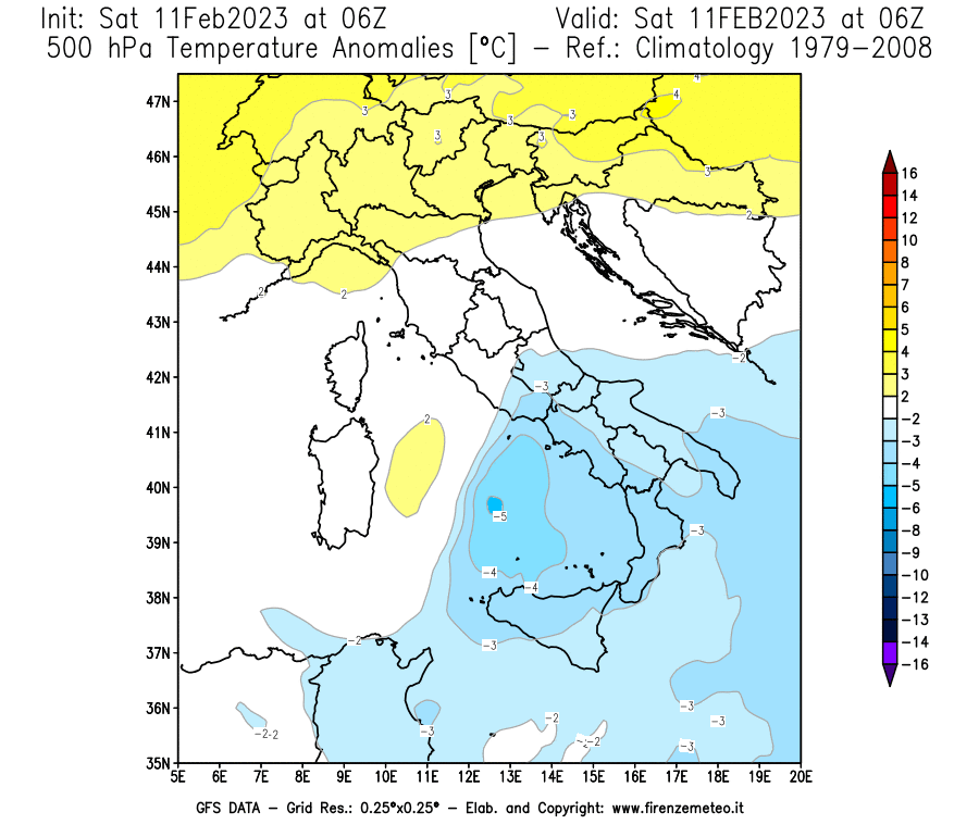 Mappa di analisi GFS - Anomalia Temperatura [°C] a 500 hPa in Italia
							del 11/02/2023 06 <!--googleoff: index-->UTC<!--googleon: index-->