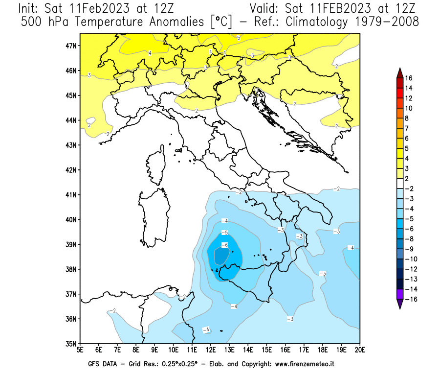 Mappa di analisi GFS - Anomalia Temperatura [°C] a 500 hPa in Italia
							del 11/02/2023 12 <!--googleoff: index-->UTC<!--googleon: index-->