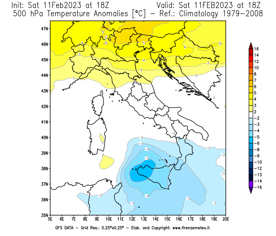 Mappa di analisi GFS - Anomalia Temperatura [°C] a 500 hPa in Italia
							del 11/02/2023 18 <!--googleoff: index-->UTC<!--googleon: index-->