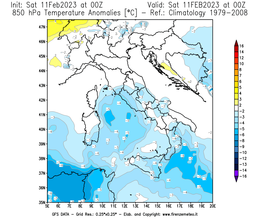 Mappa di analisi GFS - Anomalia Temperatura [°C] a 850 hPa in Italia
							del 11/02/2023 00 <!--googleoff: index-->UTC<!--googleon: index-->