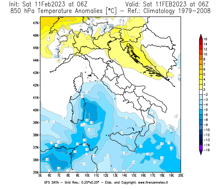 Mappa di analisi GFS - Anomalia Temperatura [°C] a 850 hPa in Italia
							del 11/02/2023 06 <!--googleoff: index-->UTC<!--googleon: index-->