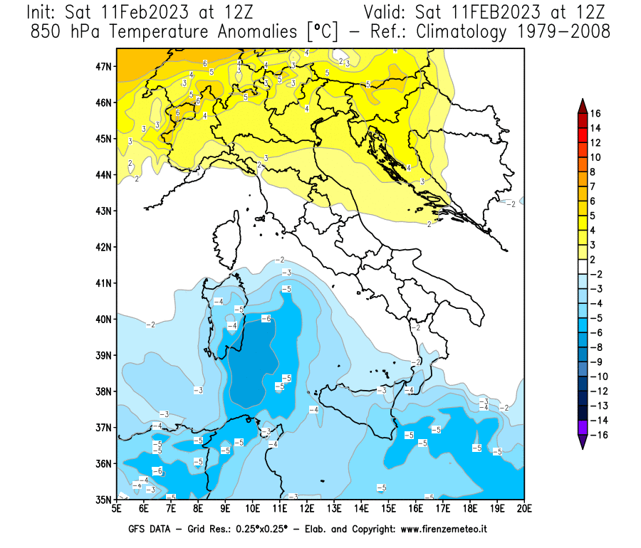 Mappa di analisi GFS - Anomalia Temperatura [°C] a 850 hPa in Italia
							del 11/02/2023 12 <!--googleoff: index-->UTC<!--googleon: index-->