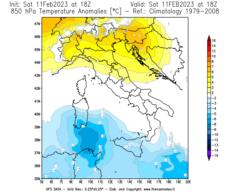 Mappa di analisi GFS - Anomalia Temperatura [°C] a 850 hPa in Italia
							del 11/02/2023 18 <!--googleoff: index-->UTC<!--googleon: index-->