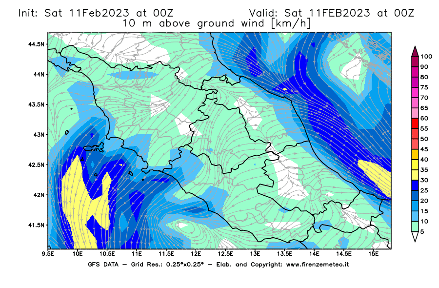 Mappa di analisi GFS - Velocità del vento a 10 metri dal suolo [km/h] in Centro-Italia
							del 11/02/2023 00 <!--googleoff: index-->UTC<!--googleon: index-->