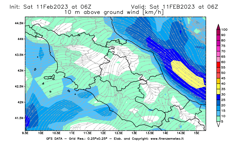 Mappa di analisi GFS - Velocità del vento a 10 metri dal suolo [km/h] in Centro-Italia
							del 11/02/2023 06 <!--googleoff: index-->UTC<!--googleon: index-->