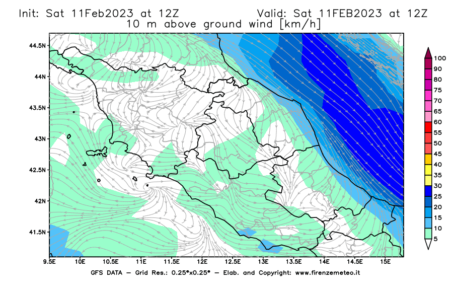 Mappa di analisi GFS - Velocità del vento a 10 metri dal suolo [km/h] in Centro-Italia
							del 11/02/2023 12 <!--googleoff: index-->UTC<!--googleon: index-->