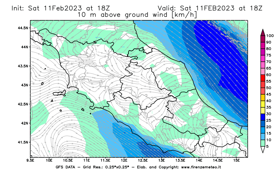Mappa di analisi GFS - Velocità del vento a 10 metri dal suolo [km/h] in Centro-Italia
							del 11/02/2023 18 <!--googleoff: index-->UTC<!--googleon: index-->