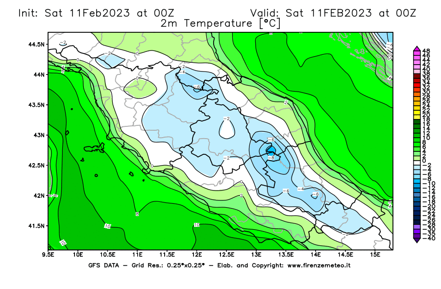Mappa di analisi GFS - Temperatura a 2 metri dal suolo [°C] in Centro-Italia
							del 11/02/2023 00 <!--googleoff: index-->UTC<!--googleon: index-->