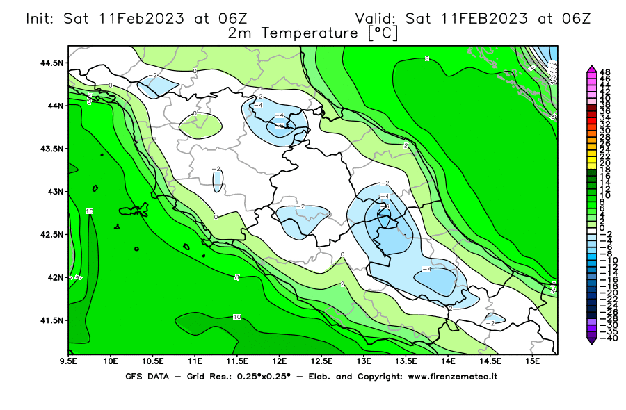 Mappa di analisi GFS - Temperatura a 2 metri dal suolo [°C] in Centro-Italia
							del 11/02/2023 06 <!--googleoff: index-->UTC<!--googleon: index-->