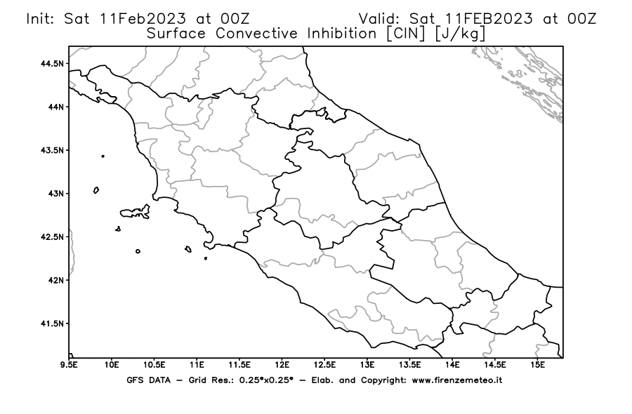 Mappa di analisi GFS - CIN [J/kg] in Centro-Italia
							del 11/02/2023 00 <!--googleoff: index-->UTC<!--googleon: index-->