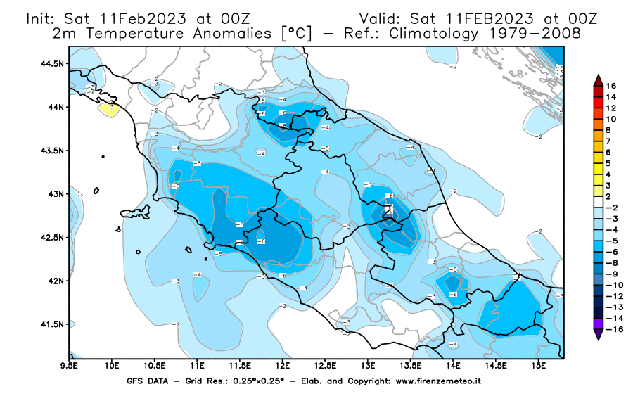 Mappa di analisi GFS - Anomalia Temperatura [°C] a 2 m in Centro-Italia
							del 11/02/2023 00 <!--googleoff: index-->UTC<!--googleon: index-->