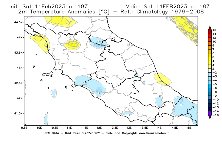 Mappa di analisi GFS - Anomalia Temperatura [°C] a 2 m in Centro-Italia
							del 11/02/2023 18 <!--googleoff: index-->UTC<!--googleon: index-->