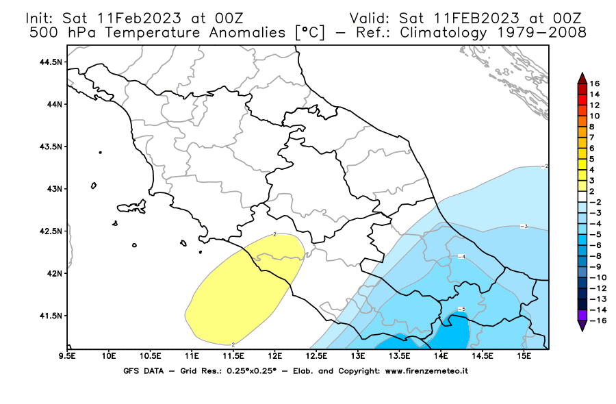 Mappa di analisi GFS - Anomalia Temperatura [°C] a 500 hPa in Centro-Italia
							del 11/02/2023 00 <!--googleoff: index-->UTC<!--googleon: index-->