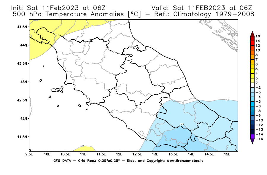 Mappa di analisi GFS - Anomalia Temperatura [°C] a 500 hPa in Centro-Italia
							del 11/02/2023 06 <!--googleoff: index-->UTC<!--googleon: index-->