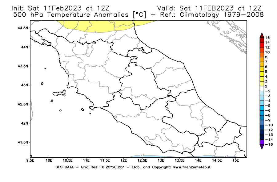 Mappa di analisi GFS - Anomalia Temperatura [°C] a 500 hPa in Centro-Italia
							del 11/02/2023 12 <!--googleoff: index-->UTC<!--googleon: index-->