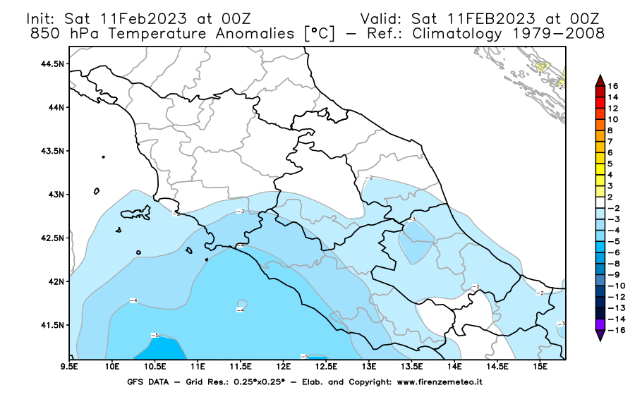 Mappa di analisi GFS - Anomalia Temperatura [°C] a 850 hPa in Centro-Italia
							del 11/02/2023 00 <!--googleoff: index-->UTC<!--googleon: index-->