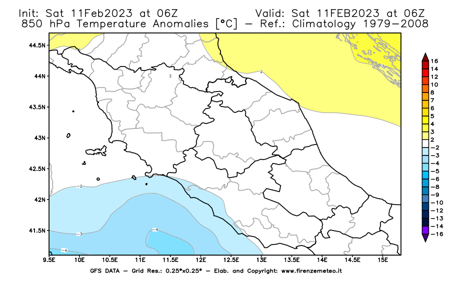 Mappa di analisi GFS - Anomalia Temperatura [°C] a 850 hPa in Centro-Italia
							del 11/02/2023 06 <!--googleoff: index-->UTC<!--googleon: index-->