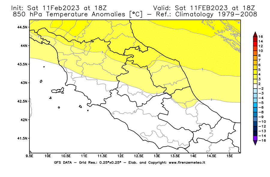 Mappa di analisi GFS - Anomalia Temperatura [°C] a 850 hPa in Centro-Italia
							del 11/02/2023 18 <!--googleoff: index-->UTC<!--googleon: index-->