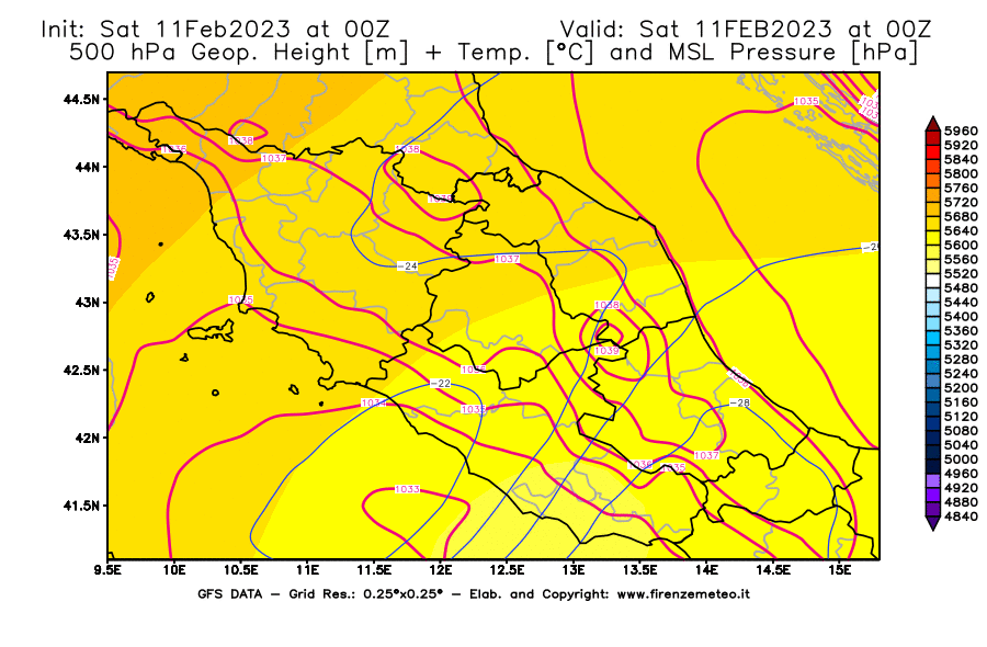 Mappa di analisi GFS - Geopotenziale [m] + Temp. [°C] a 500 hPa + Press. a livello del mare [hPa] in Centro-Italia
							del 11/02/2023 00 <!--googleoff: index-->UTC<!--googleon: index-->