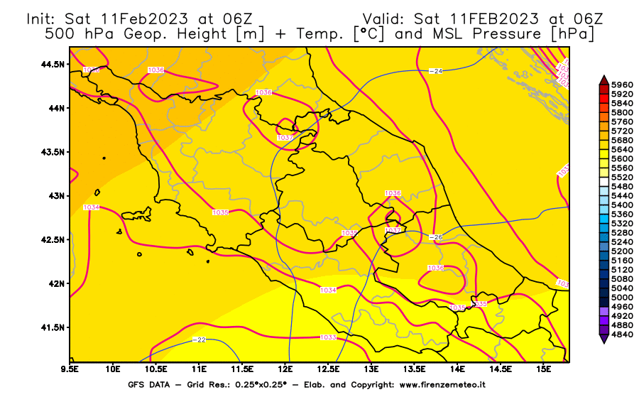 Mappa di analisi GFS - Geopotenziale [m] + Temp. [°C] a 500 hPa + Press. a livello del mare [hPa] in Centro-Italia
							del 11/02/2023 06 <!--googleoff: index-->UTC<!--googleon: index-->