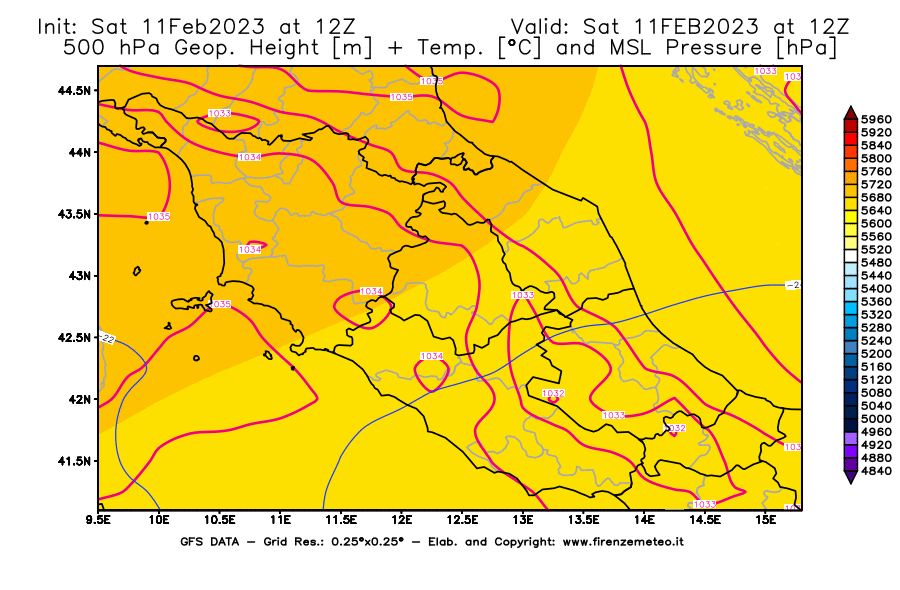 Mappa di analisi GFS - Geopotenziale [m] + Temp. [°C] a 500 hPa + Press. a livello del mare [hPa] in Centro-Italia
							del 11/02/2023 12 <!--googleoff: index-->UTC<!--googleon: index-->