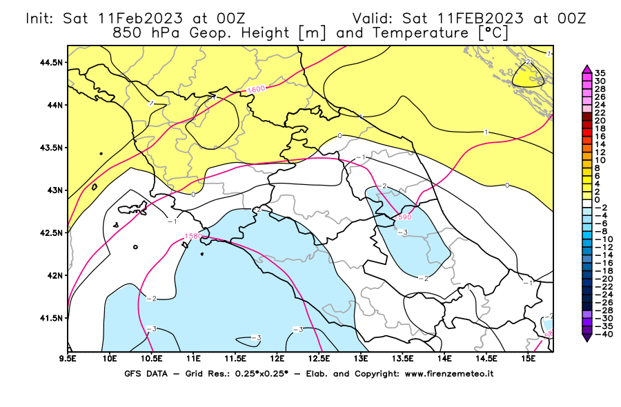 Mappa di analisi GFS - Geopotenziale [m] e Temperatura [°C] a 850 hPa in Centro-Italia
							del 11/02/2023 00 <!--googleoff: index-->UTC<!--googleon: index-->