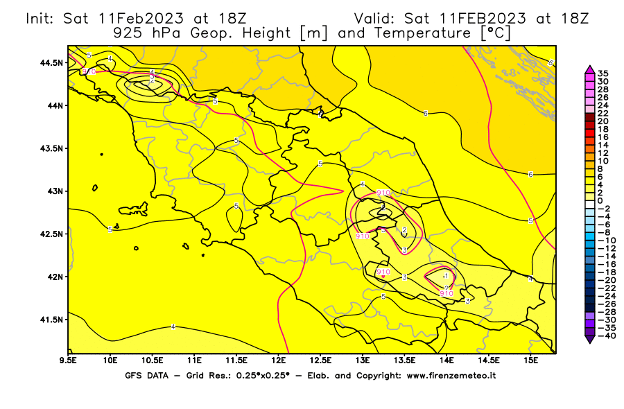Mappa di analisi GFS - Geopotenziale [m] e Temperatura [°C] a 925 hPa in Centro-Italia
							del 11/02/2023 18 <!--googleoff: index-->UTC<!--googleon: index-->