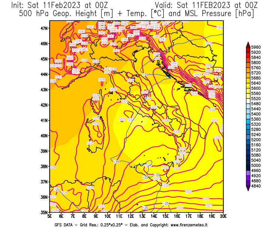 Mappa di analisi GFS - Geopotenziale [m] + Temp. [°C] a 500 hPa + Press. a livello del mare [hPa] in Italia
							del 11/02/2023 00 <!--googleoff: index-->UTC<!--googleon: index-->