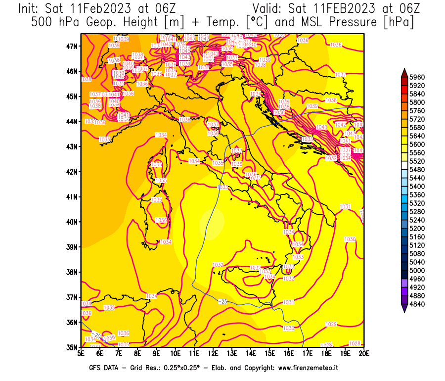 Mappa di analisi GFS - Geopotenziale [m] + Temp. [°C] a 500 hPa + Press. a livello del mare [hPa] in Italia
							del 11/02/2023 06 <!--googleoff: index-->UTC<!--googleon: index-->