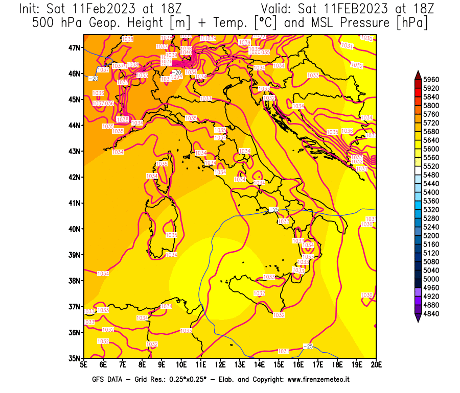 Mappa di analisi GFS - Geopotenziale [m] + Temp. [°C] a 500 hPa + Press. a livello del mare [hPa] in Italia
							del 11/02/2023 18 <!--googleoff: index-->UTC<!--googleon: index-->